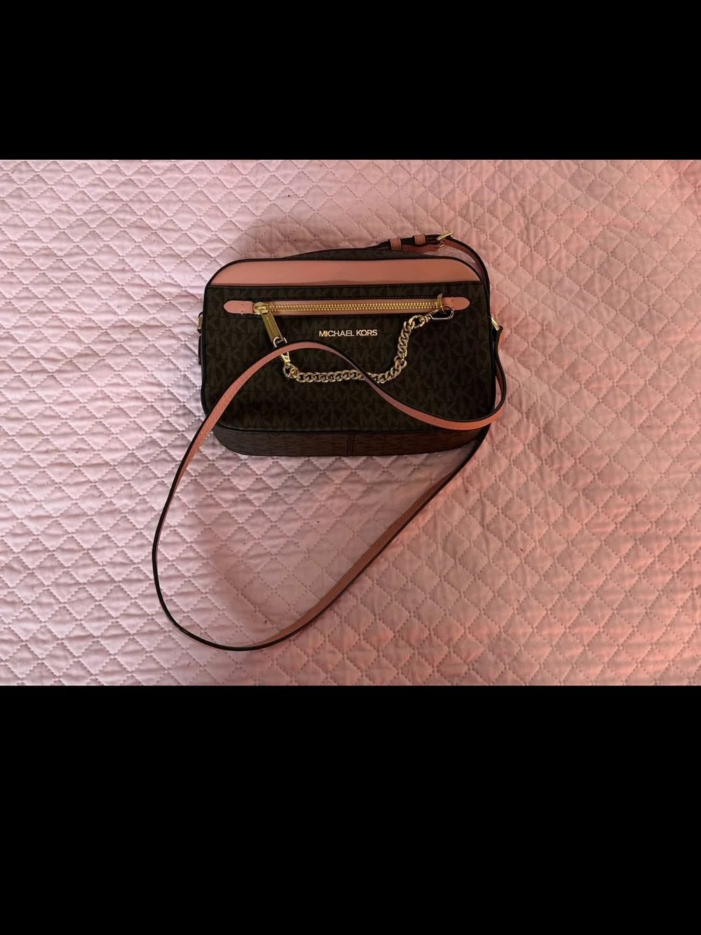 Michael Kors Brown Signature Crossbody with Pink Trim and Gold Chain